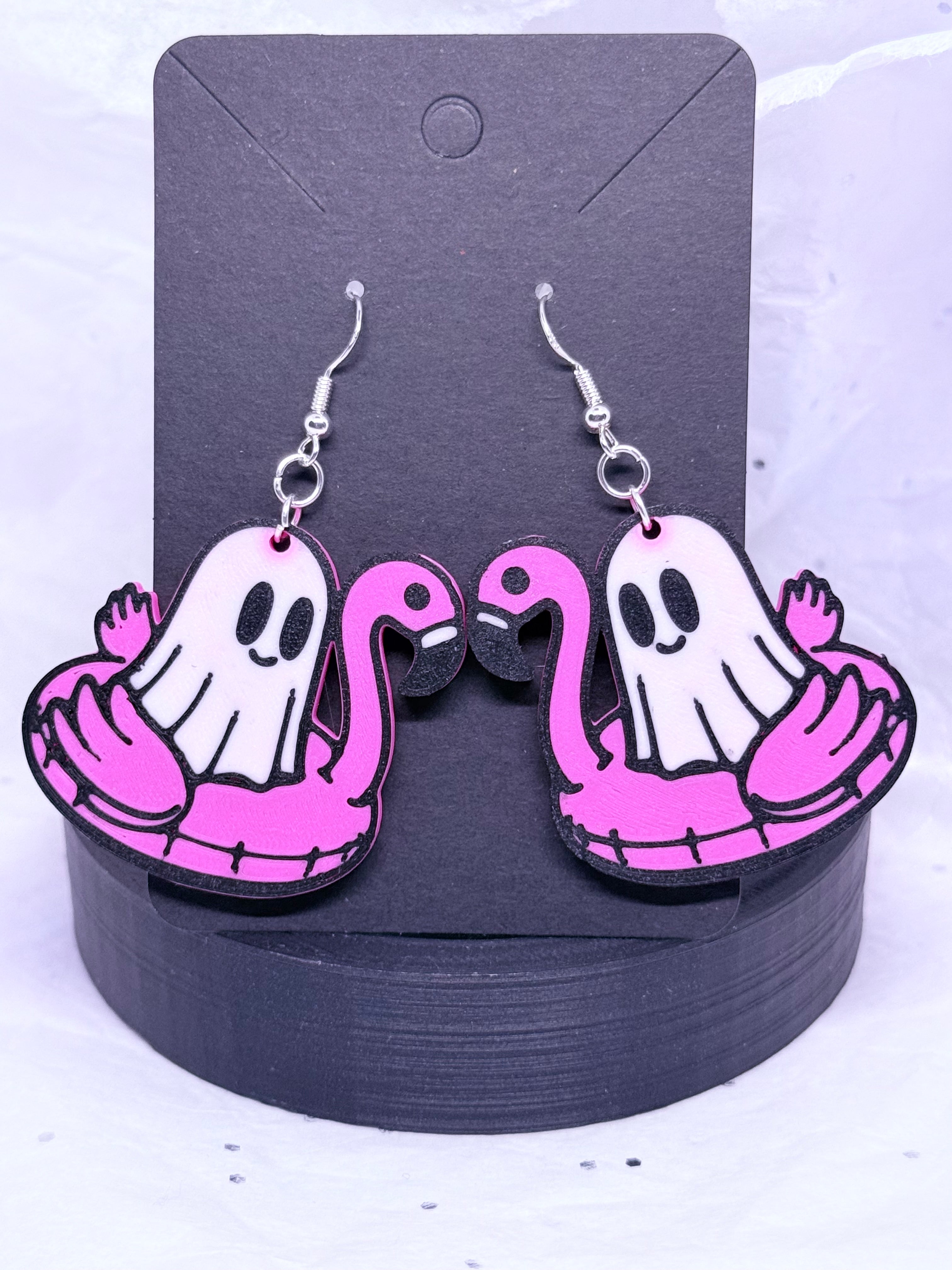 Ghosts on Pink Flamingos | 3D Printed Earrings