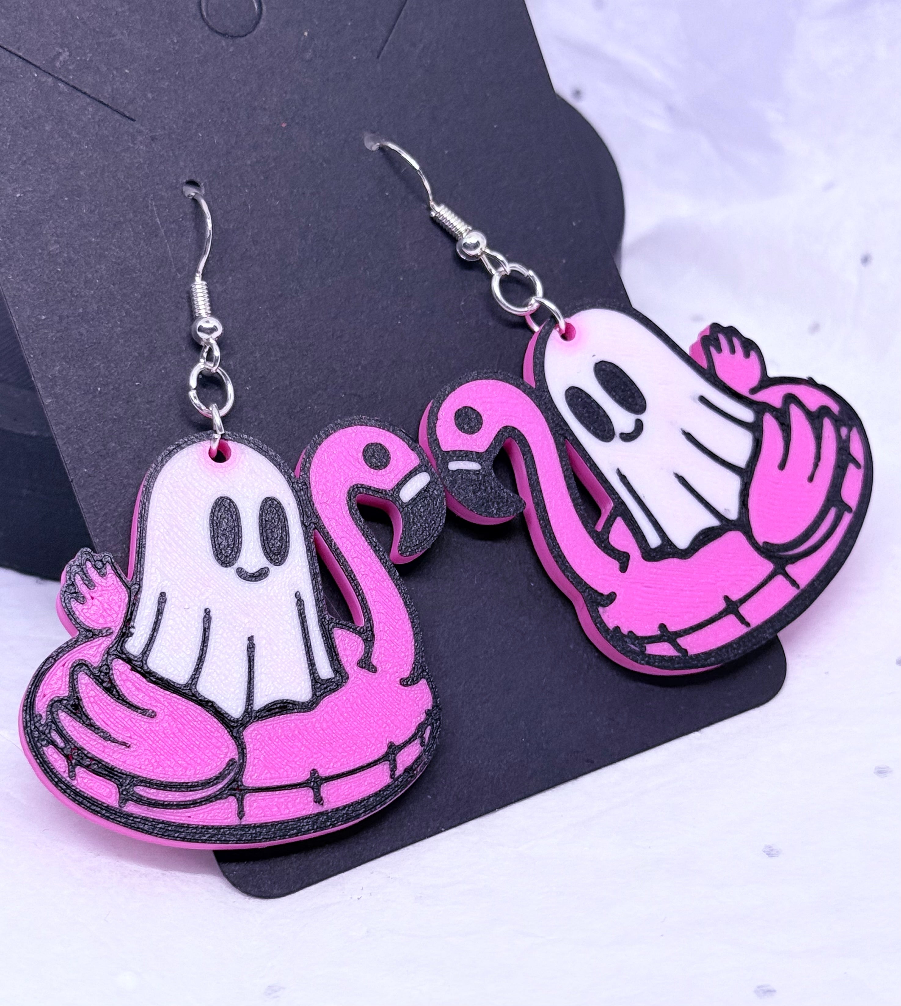Ghosts on Pink Flamingos | 3D Printed Earrings