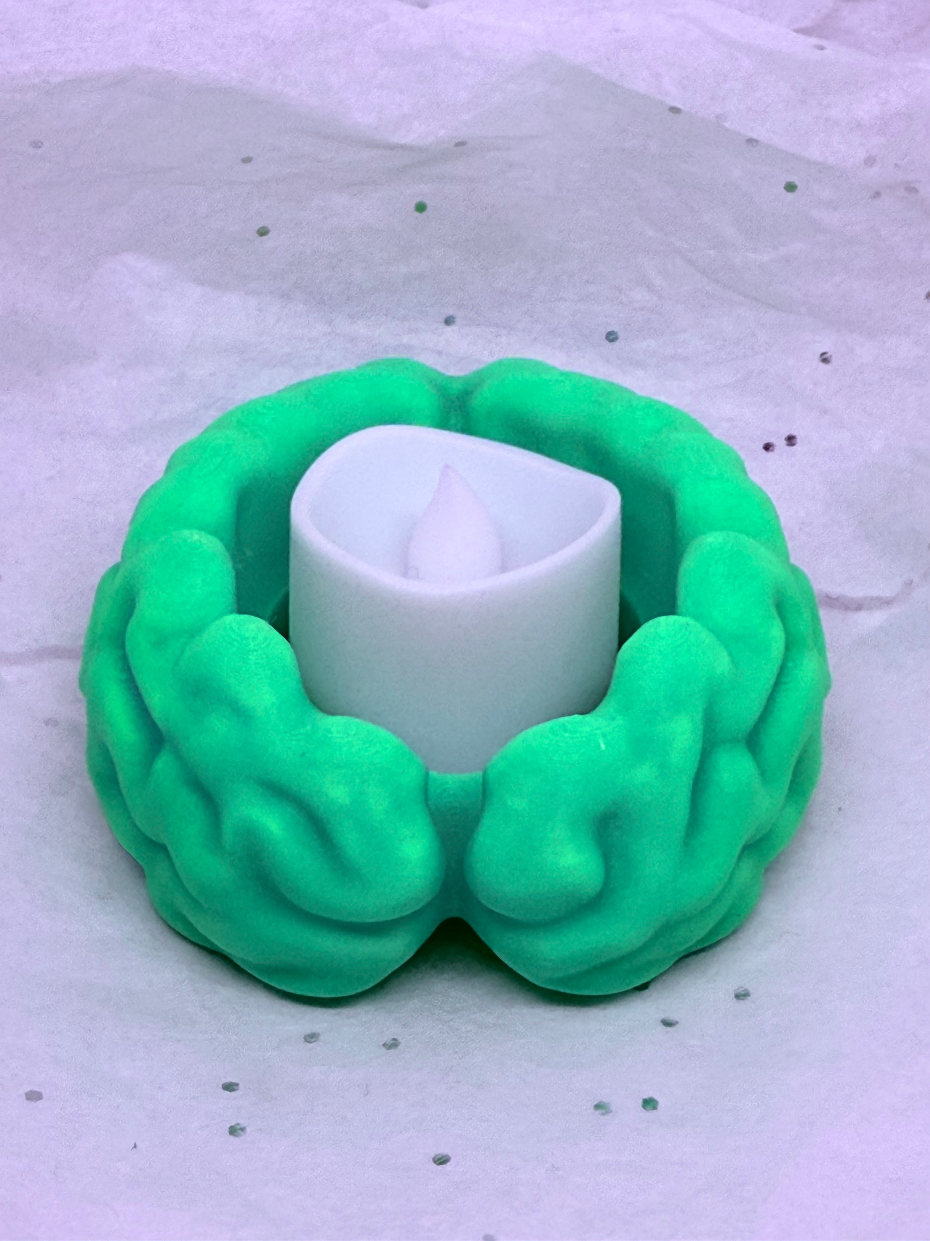 Brain Tea Light Holder (Glowing Green) | 3D Printed Decor