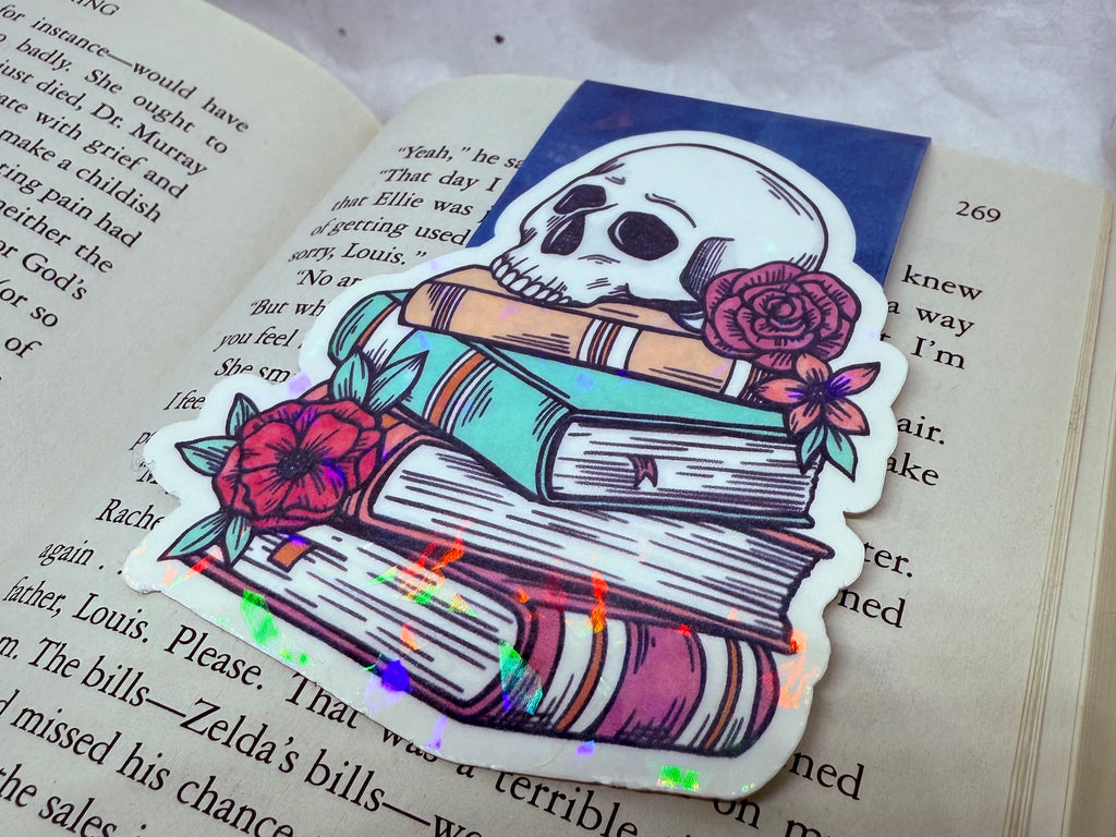 Books with Flowery Skull Bookmark (Dark Blue)