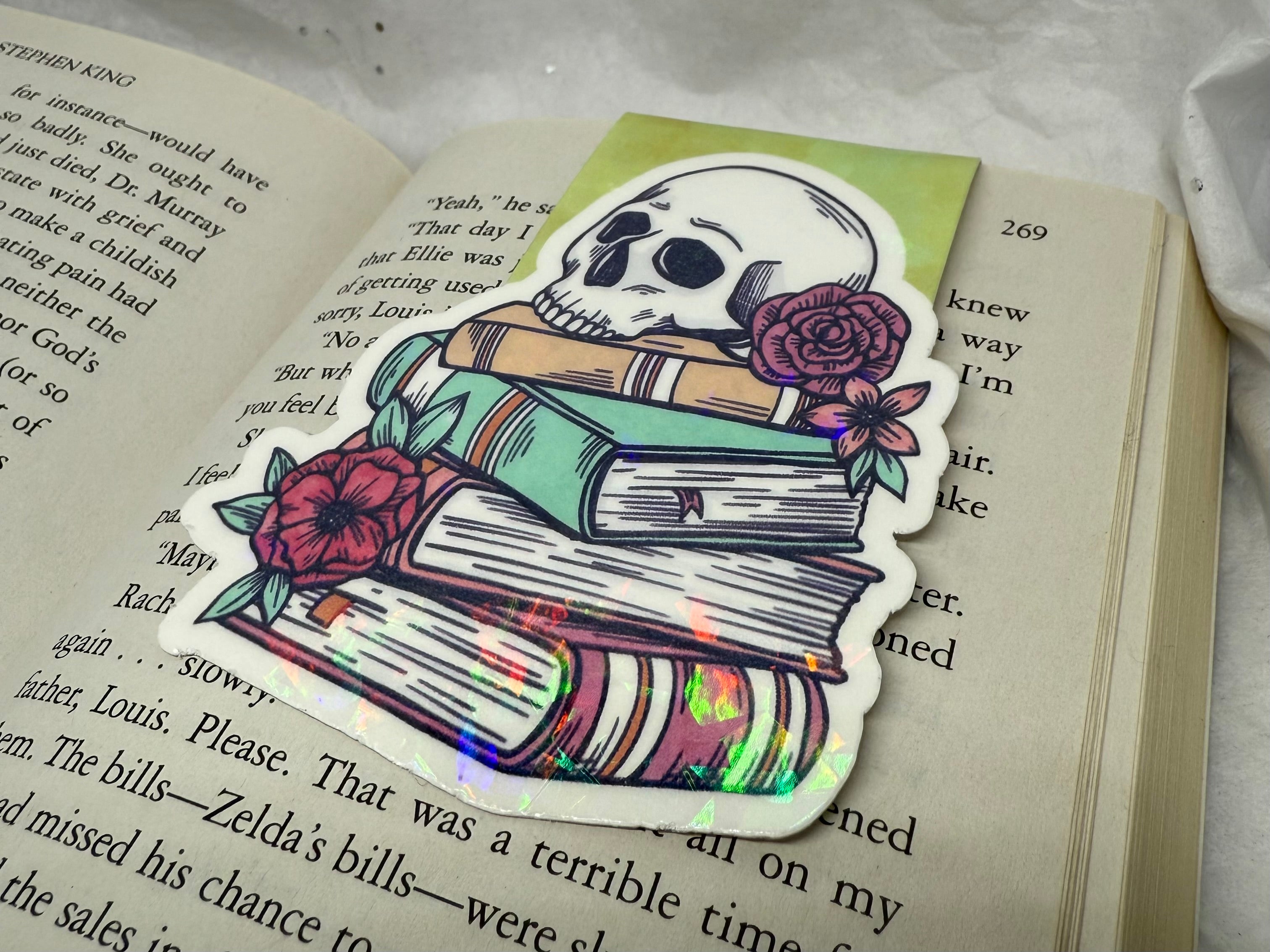Books with Flowery Skull Bookmark (Light Green)