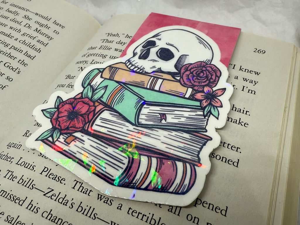 Books with Flowery Skull Bookmark (Dark Pink)