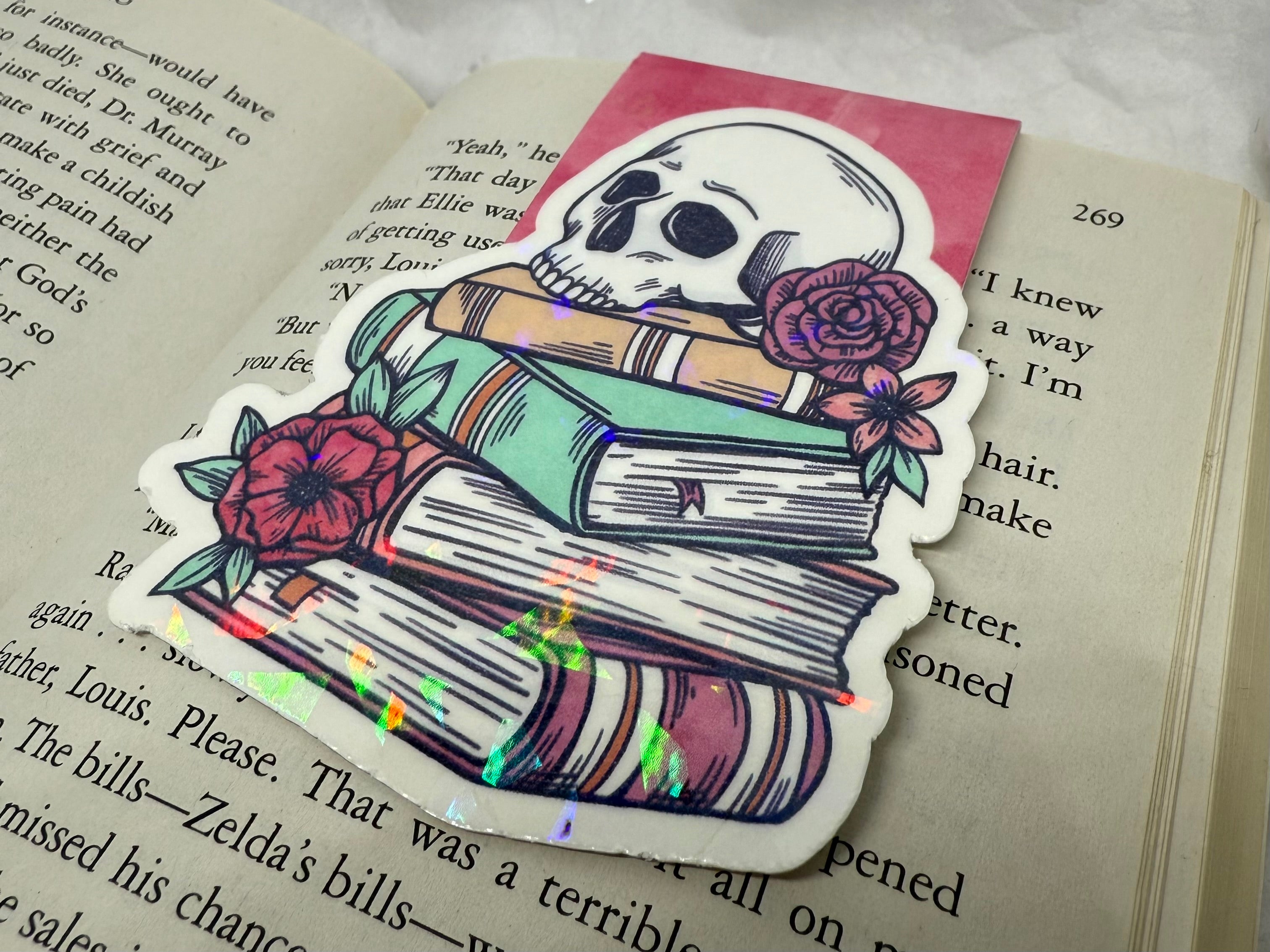 Books with Flowery Skull Bookmark (Dark Pink)