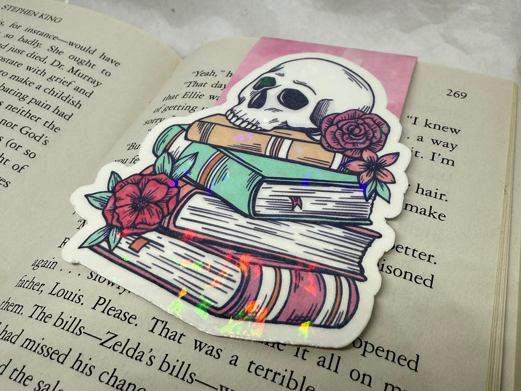 Books with Flowery Skull Bookmark (Light Pink)