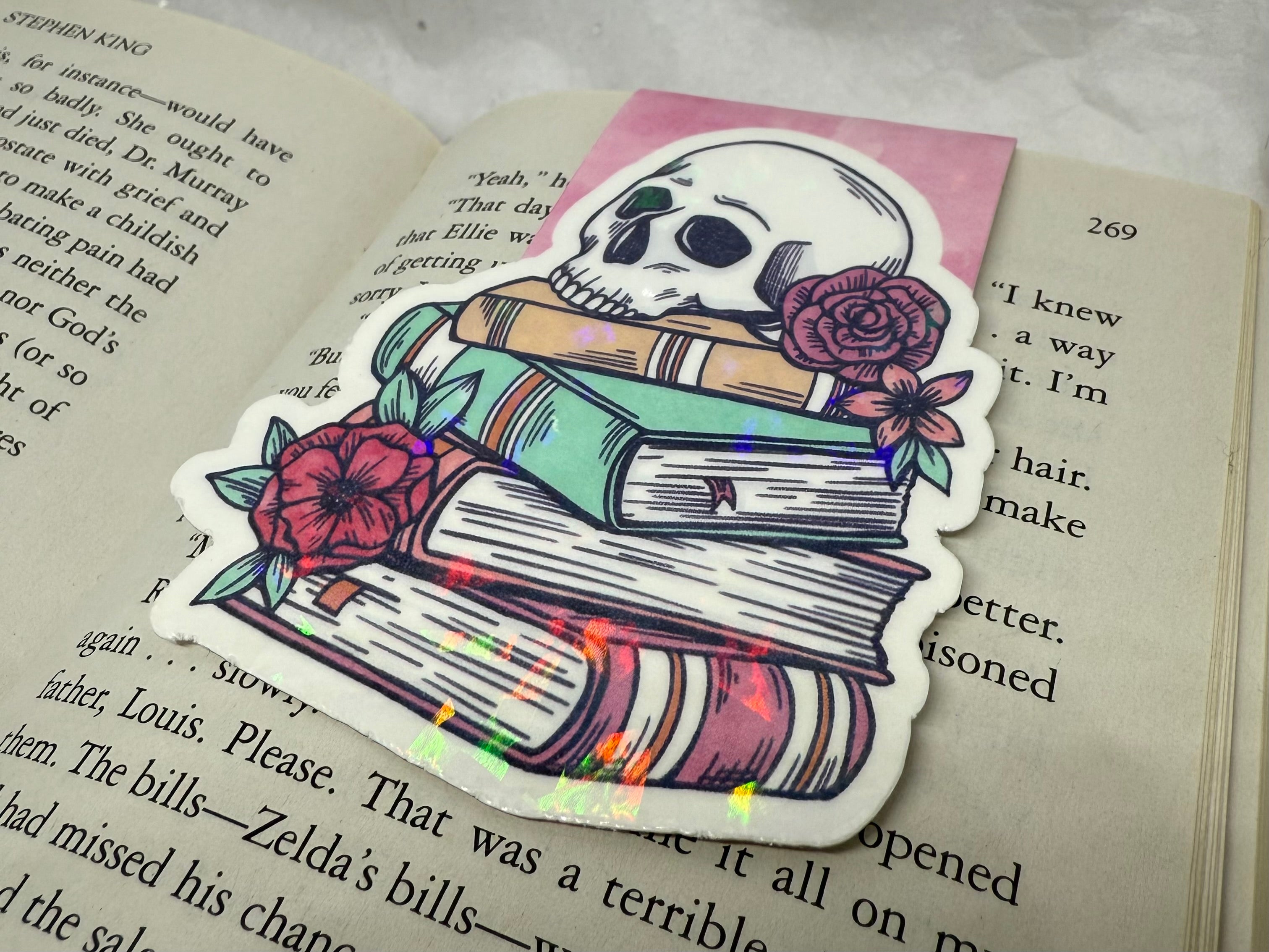 Books with Flowery Skull Bookmark (Light Pink)