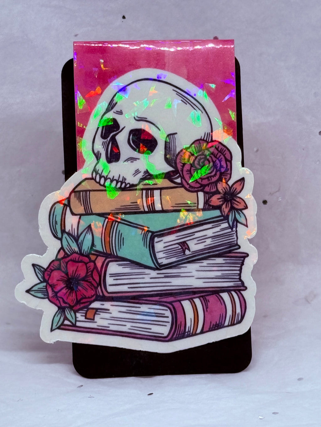 Books with Flowery Skull Bookmark (Dark Pink)