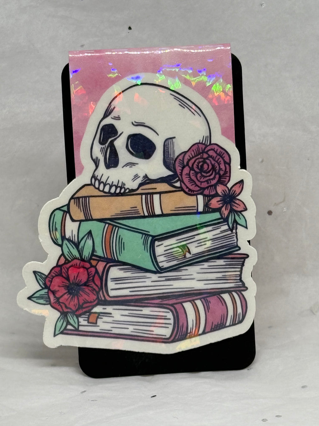 Books with Flowery Skull Bookmark (Light Pink)