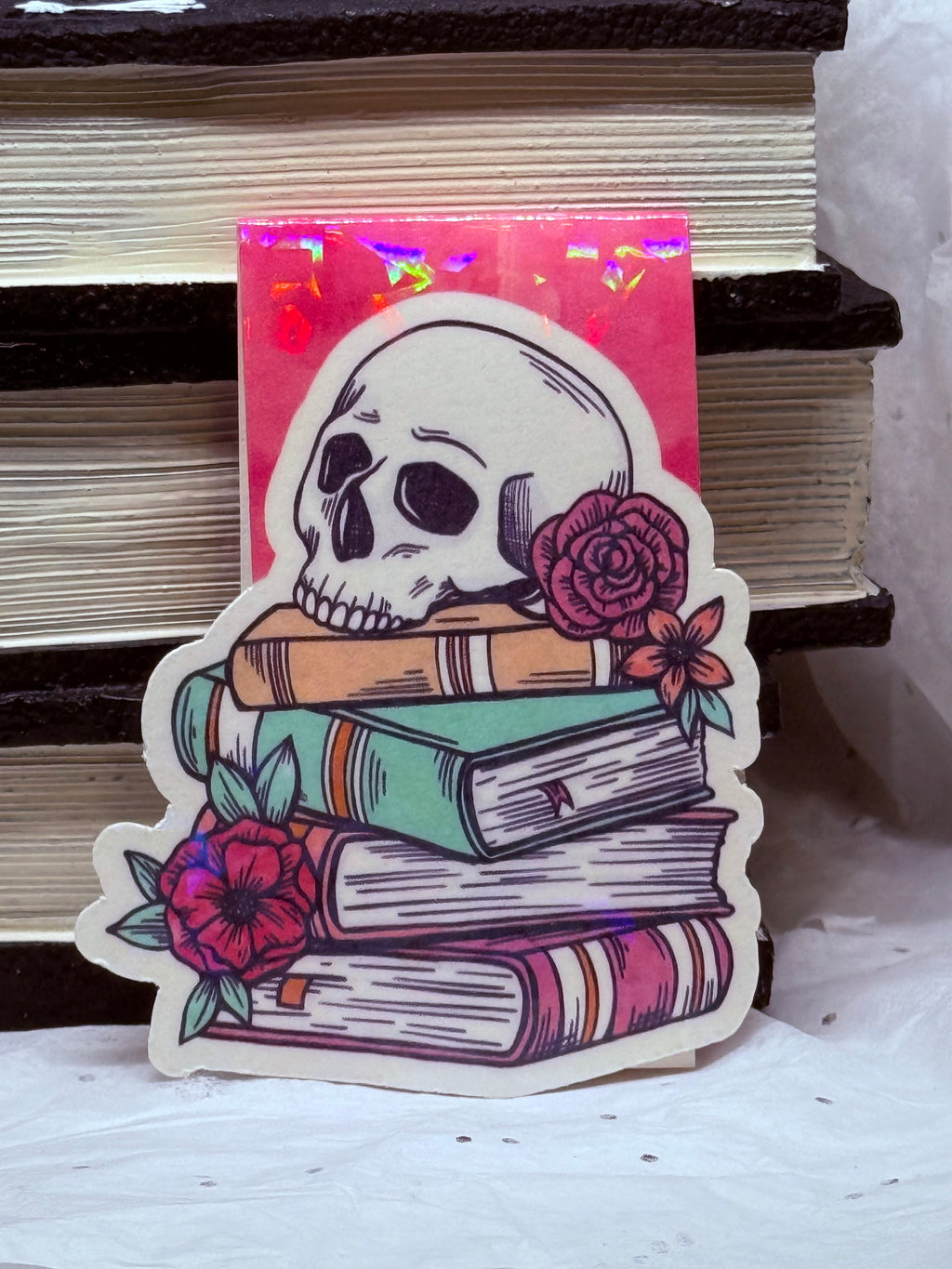 Books with Flowery Skull Bookmark (Dark Pink)
