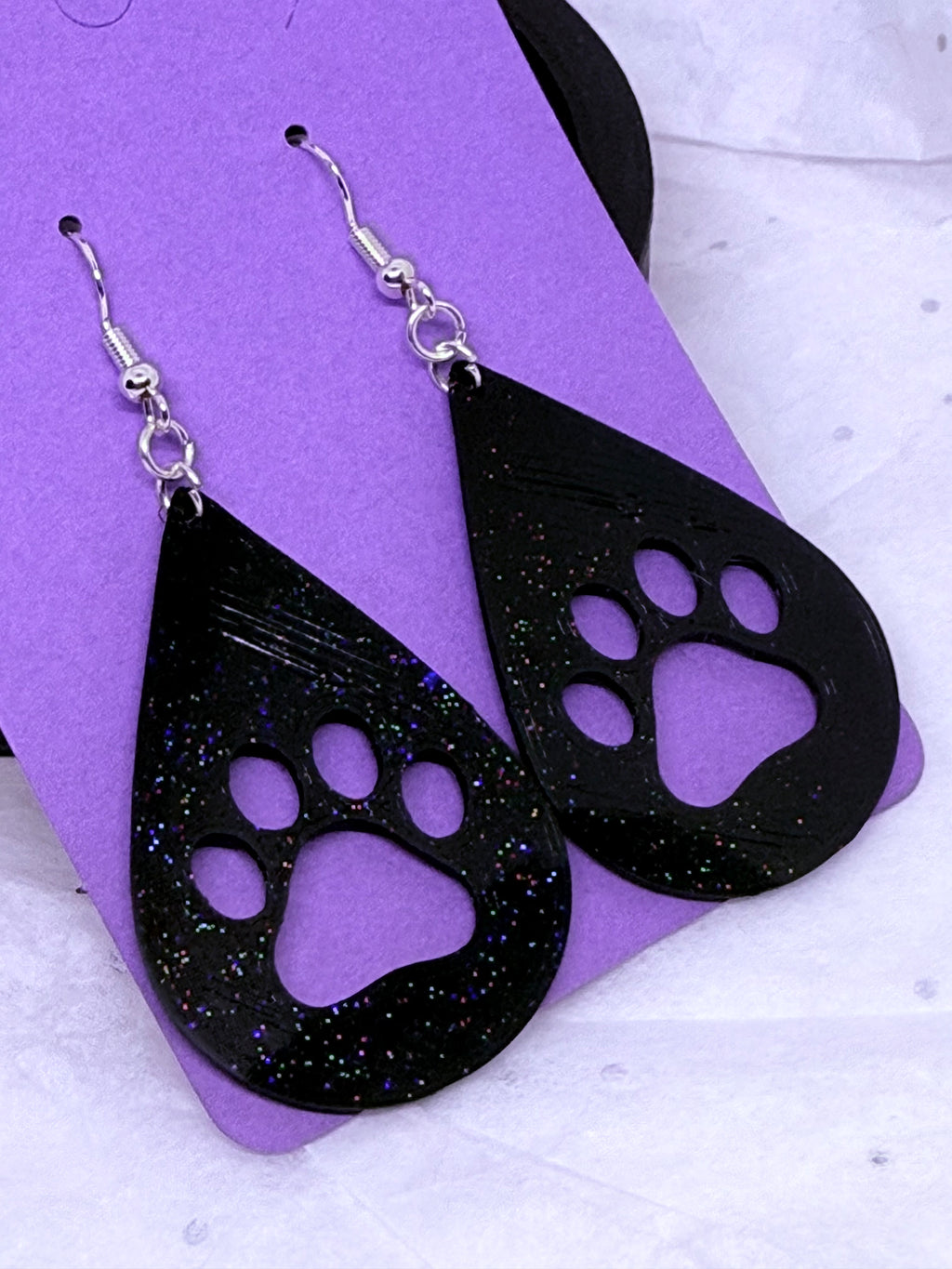 Teardrop Paw Prints (Black) | 3D Printed Earrings