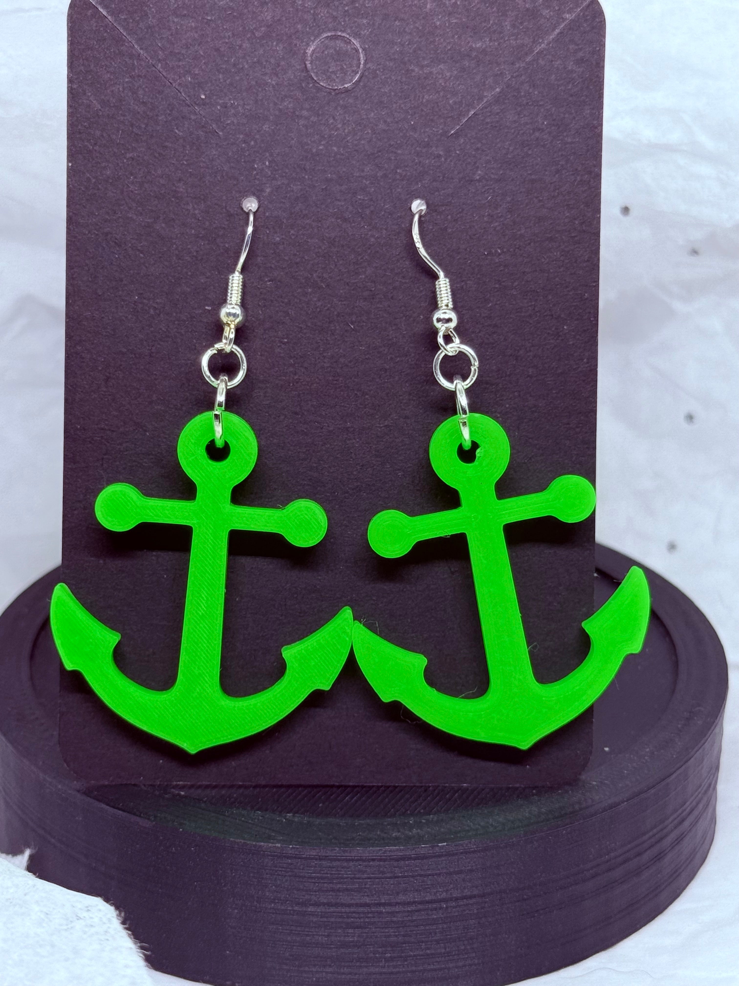 Glowing Green Anchors | 3D Printed Earrings