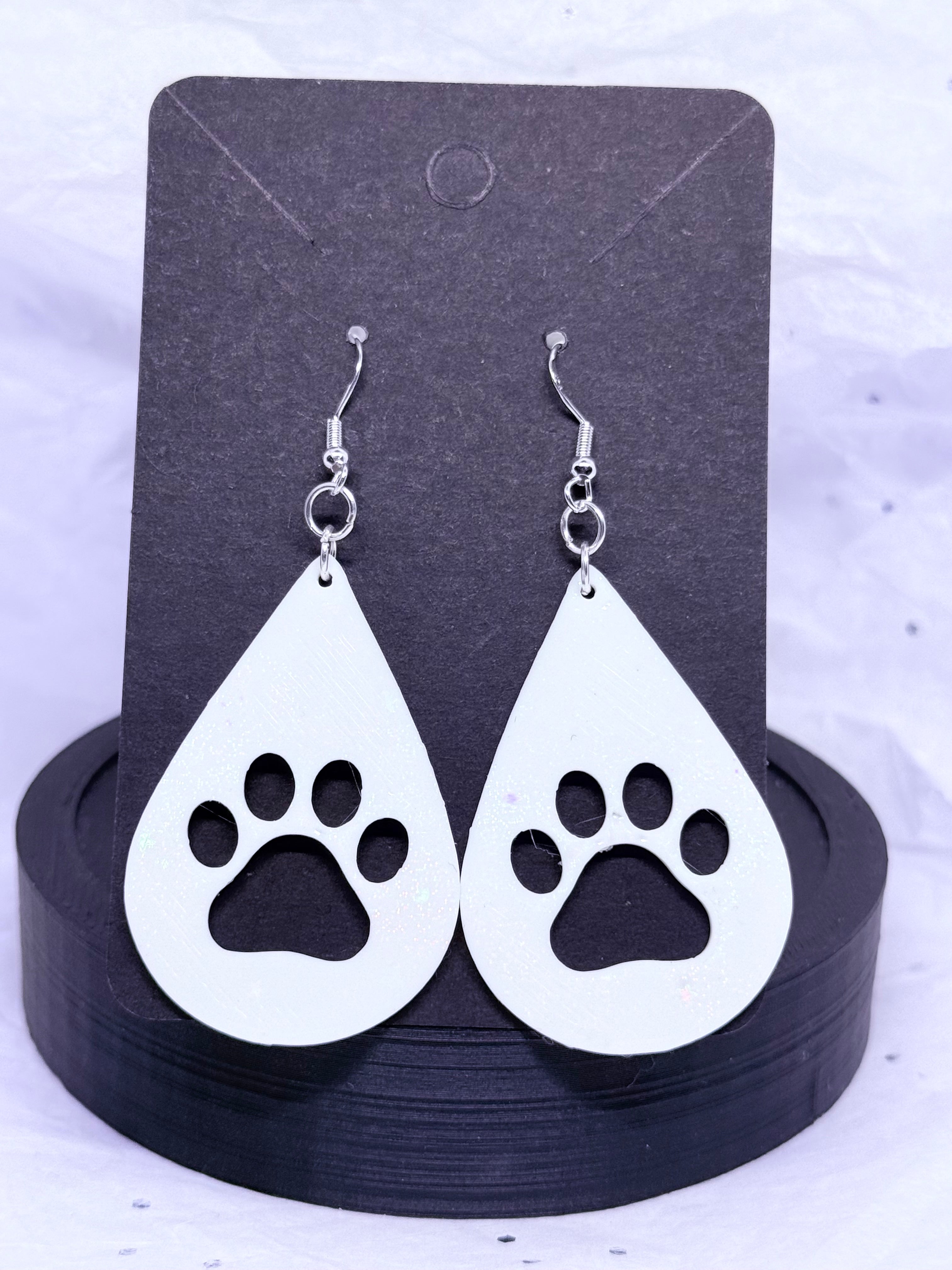 Teardrop Paw Prints (White) | 3D Printed Earrings