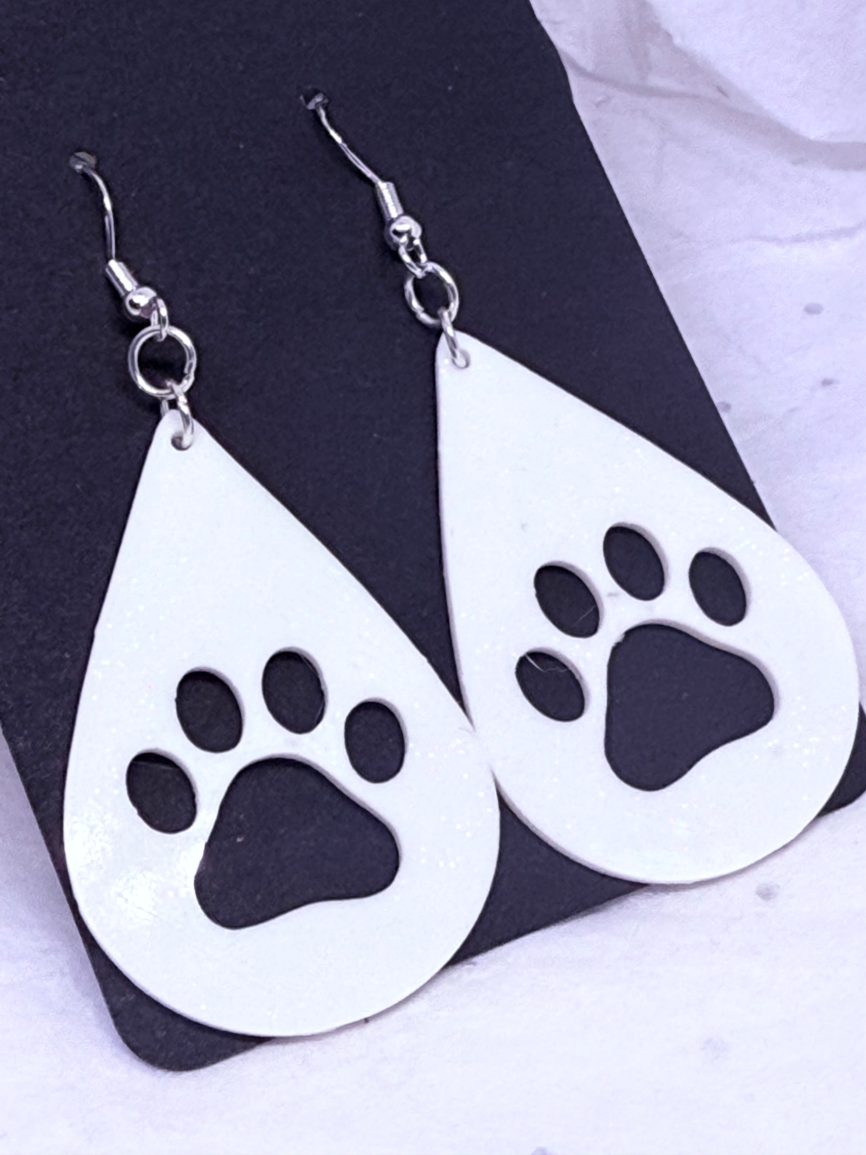 Teardrop Paw Prints (White) | 3D Printed Earrings
