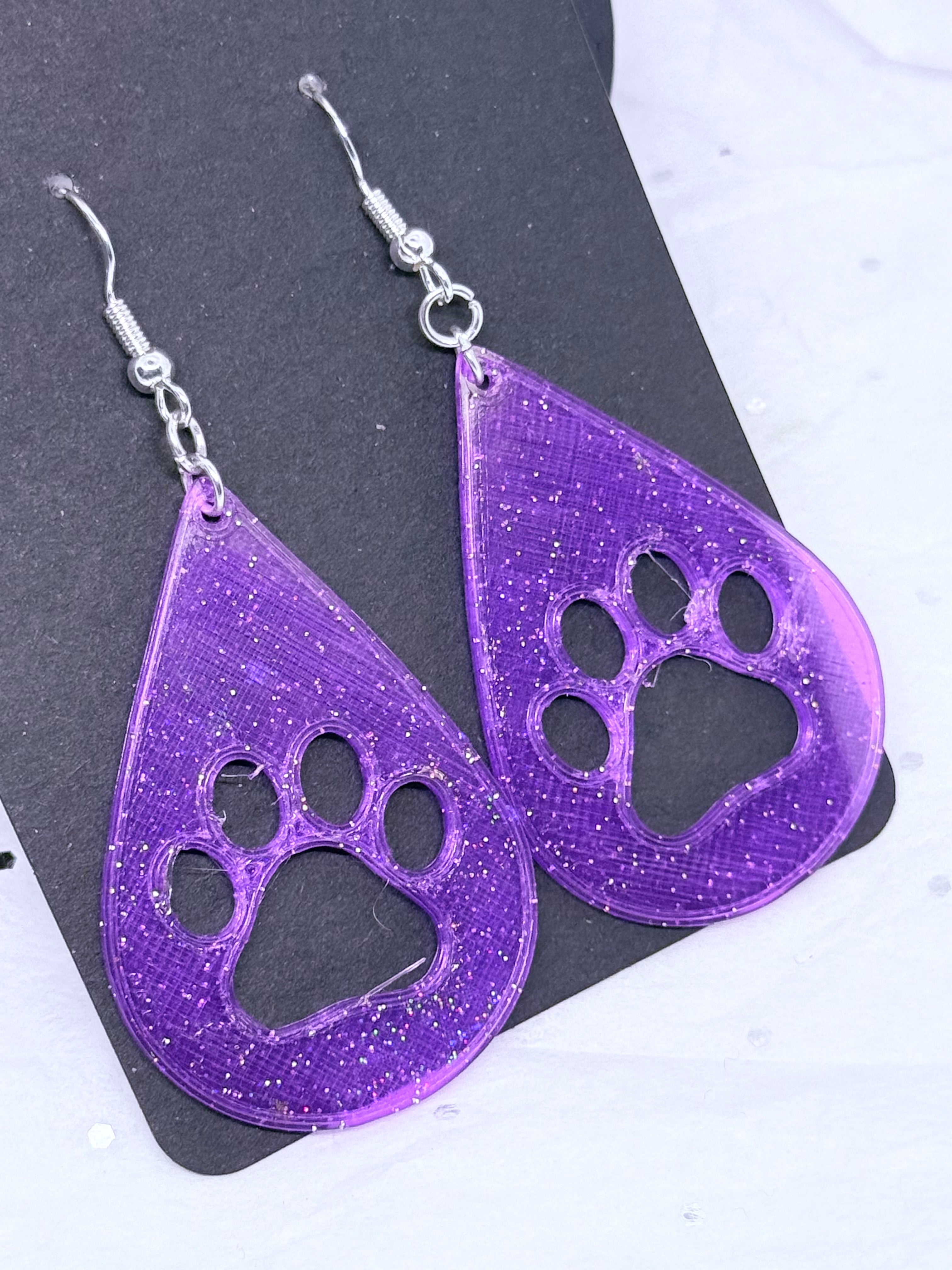 Teardrop Paw Prints (Purple Galaxy) | 3D Printed Earrings