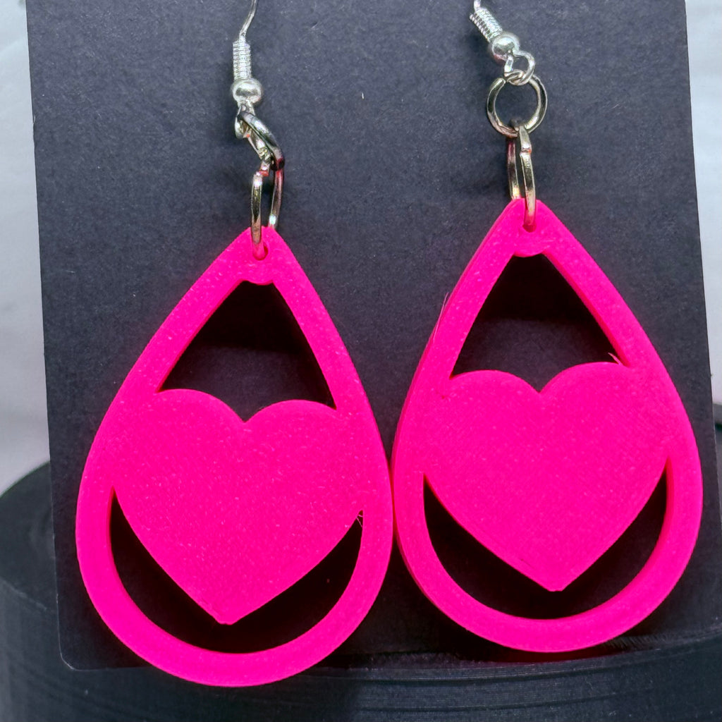 Hot Pink Teardrop Hearts | 3D Printed Earrings