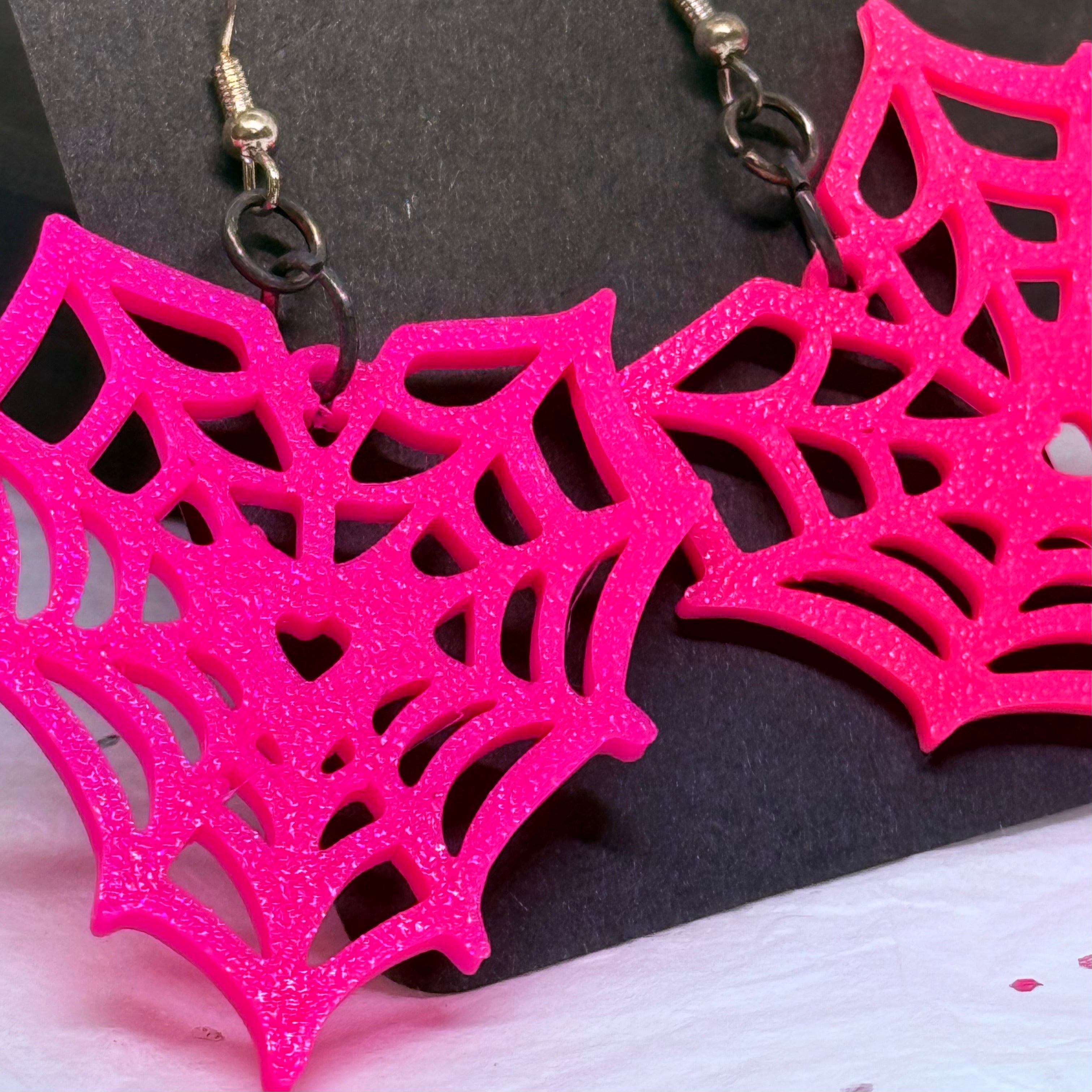 Spiderweb Heart Earrings (Hot Pink)