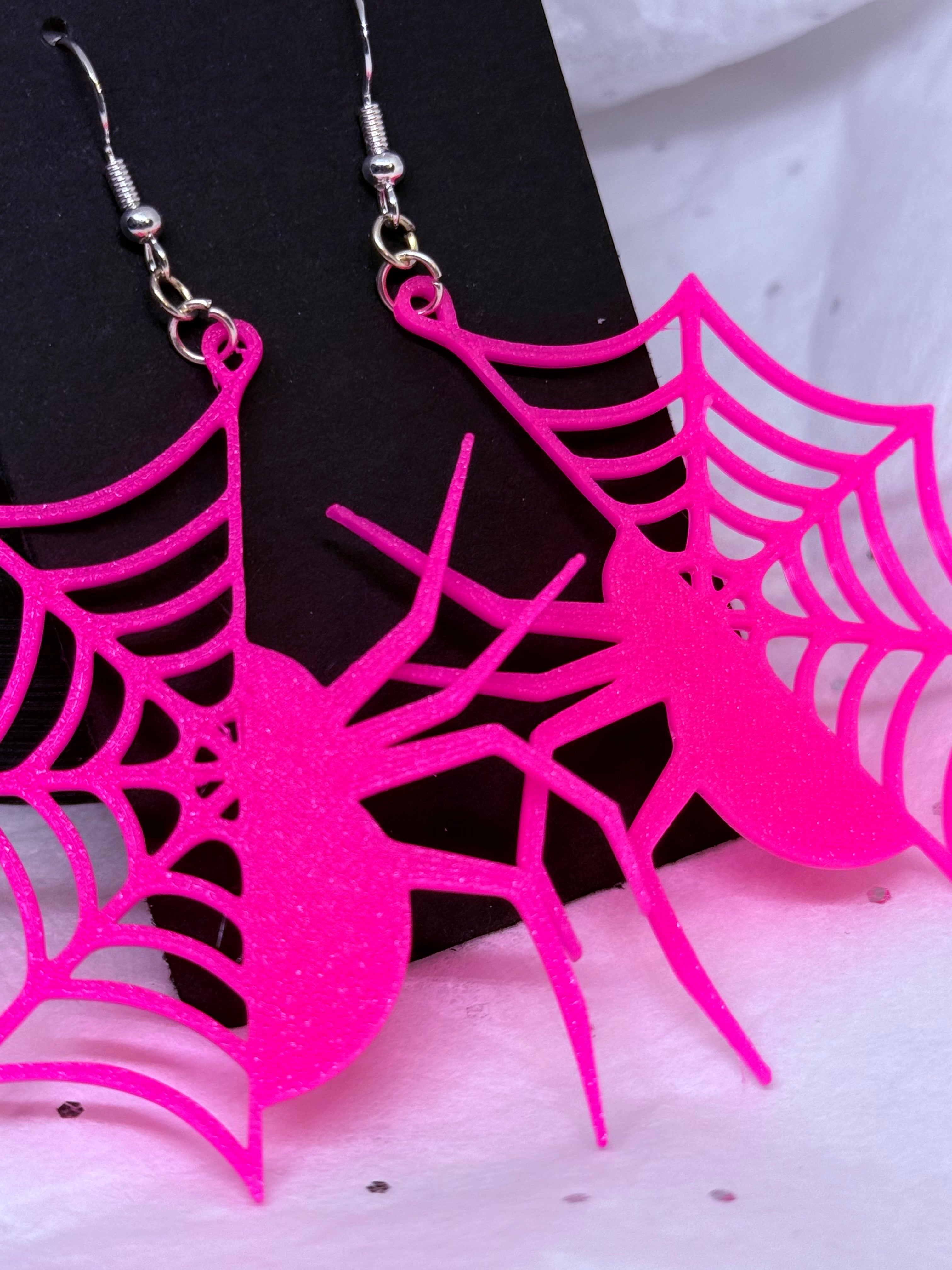 Hot Pink Spider & Web | 3D Printed Earrings